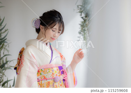 着物　総絞りの振袖を着ている女性のポートレート 115259608