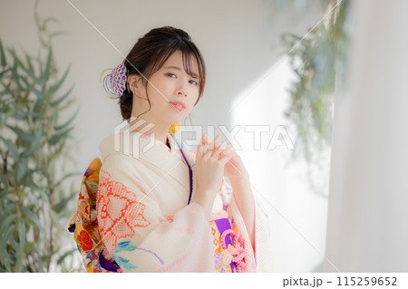 着物　総絞りの振袖を着ている女性のポートレート 115259652