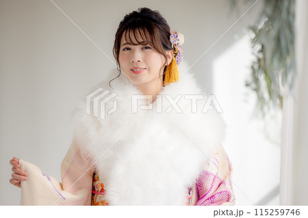着物　総絞りの振袖を着ている女性のポートレート 115259746