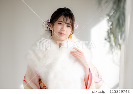 着物　総絞りの振袖を着ている女性のポートレート 115259748