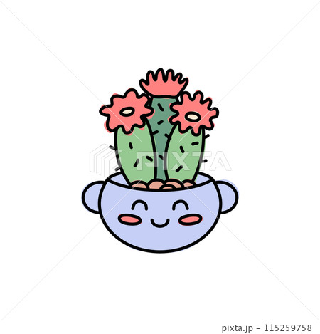 Funny round pot with muzzle. Kawaii cactus with flowers. Cute vector illustration. Funny round pot with muzzle. Kawaii cactus with flowers. Cute vector illustration. 115259758