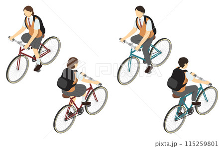 アイソメトリックイラスト:自転車に乗る男女の高校生(夏服) アイソメトリックイラスト:自転車に乗る男女の高校生(夏服) 115259801