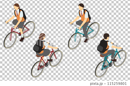 Isometric illustration: Male and female high school students riding bicycles (summer clothes) 115259801