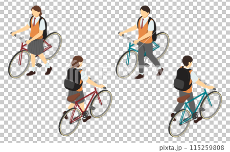 等軸圖：男女高中生推自行車（夏裝） 115259808