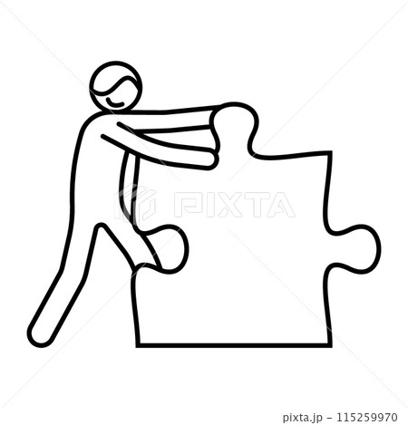 Stick figure liner icon, man stands in thought, putting together puzzle piece. Isolated vector on white background Stick figure liner icon, man stands in thought, putting together puzzle piece. Isolated vector on white background 115259970