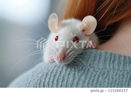 Cute little domestic white rat with red eyes sits on person shoulder, love and pet care 115260157