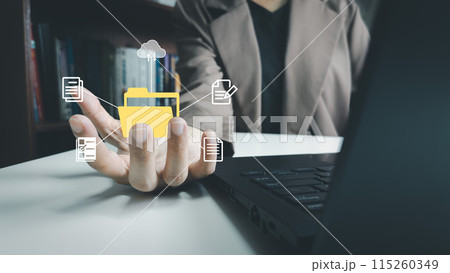 Document Management System, Officer using laptop manage files, Online document database management, automated processes to manage system, ERP enterprise efficient, business technology Document Management System, Officer using laptop manage files, Online document database management, automated processes to manage system, ERP enterprise efficient, business technology 115260349