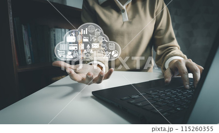 Document Management System, Officer using laptop manage files, Online document database management, automated processes to manage system, ERP enterprise efficient, business technology Document Management System, Officer using laptop manage files, Online document database management, automated processes to manage system, ERP enterprise efficient, business technology 115260355