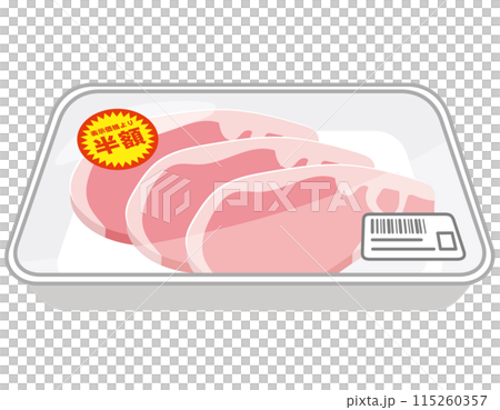 Pork with a half-price sticker on it, pork in a package 115260357