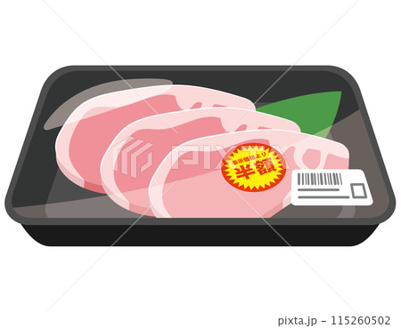 半額シールの貼られた豚肉　パックに入った豚肉 115260502