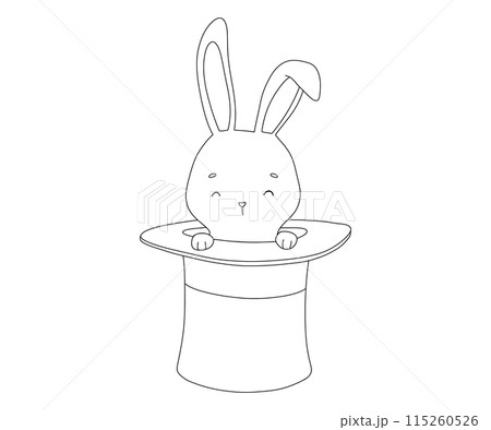 Outline cute bunny in magic hat of circus magician. Funny rabbit character. Hand drawn isolated line illustration for coloring book Outline cute bunny in magic hat of circus magician. Funny rabbit character. Hand drawn isolated line illustration for coloring book 115260526