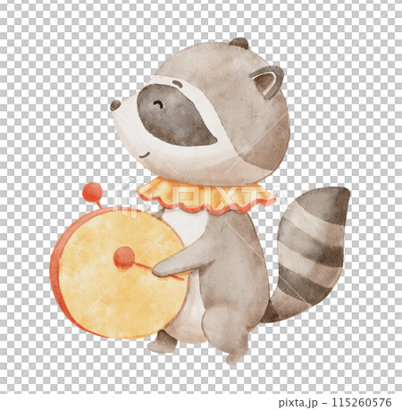 Watercolor cute baby circus raccoon with drum. Funny animal. Hand drawn isolated illustration for kids Watercolor cute baby circus raccoon with drum. Funny animal. Hand drawn isolated illustration for kids 115260576