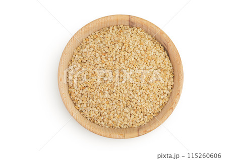 Sesame seeds in wooden bowl isolated on white background. Top view. Flat lay Sesame seeds in wooden bowl isolated on white background. Top view. Flat lay 115260606
