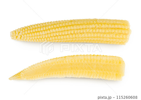 Pickled young baby corn cobs isolated on white background Top view. Flat lay 115260608