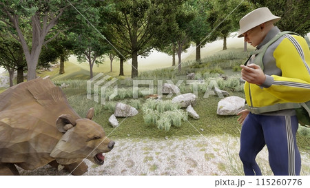 登山 熊に襲われる 熊が歩いて近づく イラストCG 登山 熊に襲われる 熊が歩いて近づく イラストCG 115260776