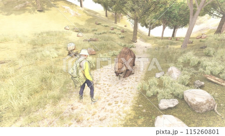登山 熊に襲われる 熊が歩いて近づく イラストCG 登山 熊に襲われる 熊が歩いて近づく イラストCG 115260801