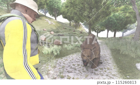 登山 熊に襲われる 熊が歩いて近づく イラストCG 登山 熊に襲われる 熊が歩いて近づく イラストCG 115260813