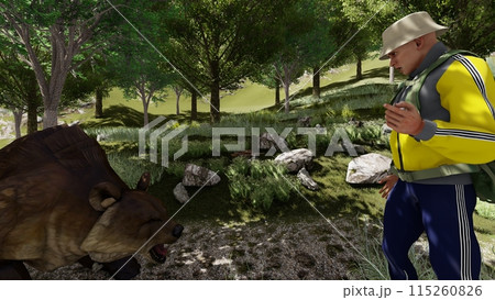 登山　熊に襲われる　熊が歩いて近づく イラストCG 115260826