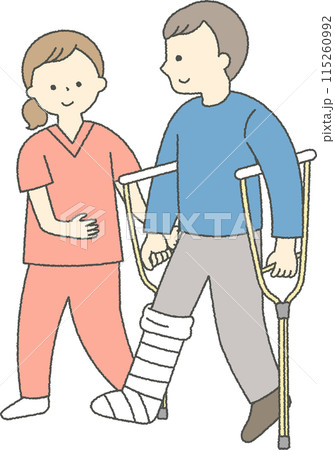 骨折した男性を介助する介護士 骨折した男性を介助する介護士 115260992