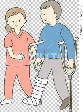 骨折した男性を介助する介護士 骨折した男性を介助する介護士 115260992