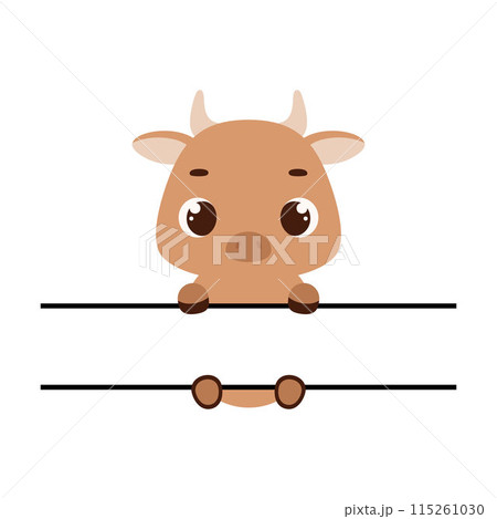 Cute bull split monogram. Funny cartoon character for shirt, scrapbooking, greeting cards, baby shower, invitation. Bright colored childish stock vector illustration 115261030