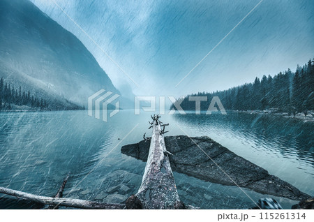Moraine Lake with rocky mountains in blizzard at Banff national park, Canada 115261314