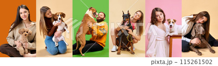 Creative collage made of portraits of pairs of people and their dogs playing, hugs their beloved, little friends against colorful background. 115261502