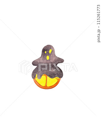 Halloween cookies. Creative cartoon monster. Watercolor isolated ghost illustration. Design element. Ideal for printing fabric, wallpaper, dishes and other products 115261773