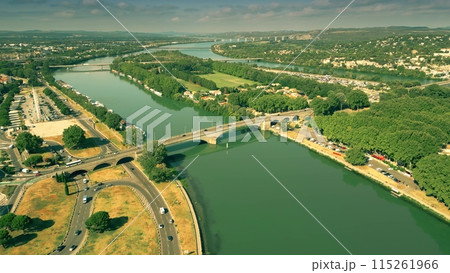 Aerial view of bridges over the Rhone River in Avignon, France Aerial view of bridges over the Rhone River in Avignon, France 115261966