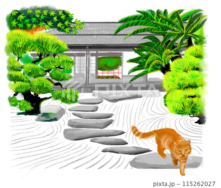 平家の建物と日本庭園と猫の手描きイラスト 115262027
