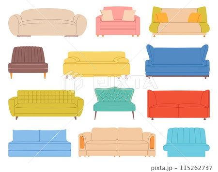 Cartoon couches and sofas. Home interior soft comfort furniture with pillows, cozy living room elements, modern comfortable house lounge objects, front view, vector isolated set 115262737