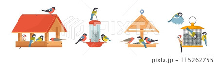Wooden feeders with birds. Colorful houses with tits, bullfinches and goldfinches, winter care and fertilizing, places for grains, different birdhouse, cartoon flat isolated vector set 115262755