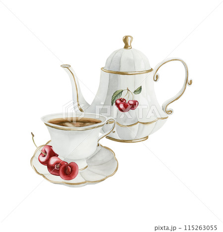 White porcelain teapot, tea cup and saucer with cherry berries. Victorian style. Watercolor illustration hand painted isolated on white background. Perfect for invitations, labels, wrappers, fabrics White porcelain teapot, tea cup and saucer with cherry berries. Victorian style. Watercolor illustration hand painted isolated on white background. Perfect for invitations, labels, wrappers, fabrics 115263055