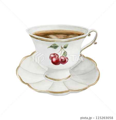 White porcelain tea cup and saucer with cherry berries. Victorian style. Watercolor illustration hand painted isolated on white background. Perfect for invitations, labels, wrappers, fabrics 115263058