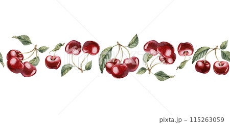 Cherry berries with leaves, watercolor isolated illustration. Seamless border with berry fruits for table textile, porcelain tableware delicious prints, summer fabrics, wrapping and food packages Cherry berries with leaves, watercolor isolated illustration. Seamless border with berry fruits for table textile, porcelain tableware delicious prints, summer fabrics, wrapping and food packages 115263059