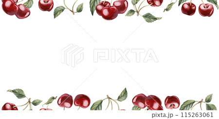 Cherry berries with leaves, watercolor isolated illustration. Horizontal frame with berry fruits for table textile, porcelain tableware delicious prints, summer fabrics, wrapping and food packages Cherry berries with leaves, watercolor isolated illustration. Horizontal frame with berry fruits for table textile, porcelain tableware delicious prints, summer fabrics, wrapping and food packages 115263061