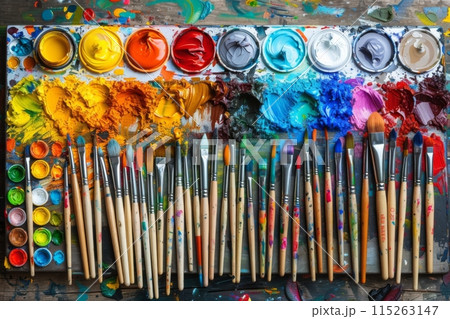 A close-up image of a painters palette with various colors of paint and an assortment of brushes 115263147