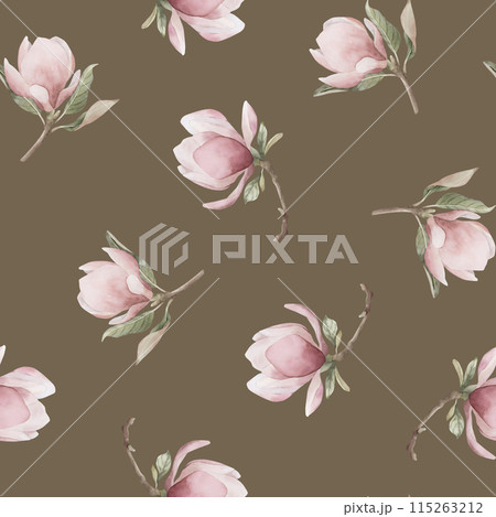 Light pink magnolia flowers with leaves. Watercolor floral seamless pattern on brown background. Spring blossom for flower fabric, cosmetic packaging, wrapping paper and home textile Light pink magnolia flowers with leaves. Watercolor floral seamless pattern on brown background. Spring blossom for flower fabric, cosmetic packaging, wrapping paper and home textile 115263212