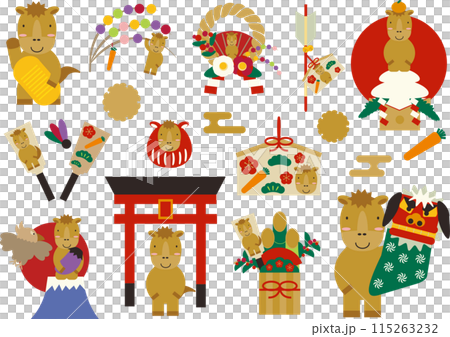 Cute New Year's illustration set for the Year of the Horse Cute New Year's illustration set for the Year of the Horse 115263232