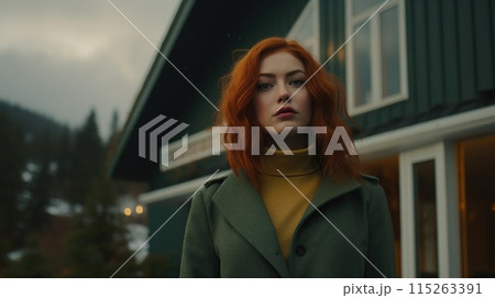 Beautiful young woman red hair near contemporary house in overcast weather 115263391