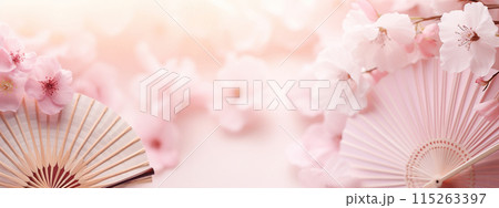 Traditional Japanese fan sensu in pink sakura blossom, spring banner background Traditional Japanese fan sensu in pink sakura blossom, spring banner background 115263397