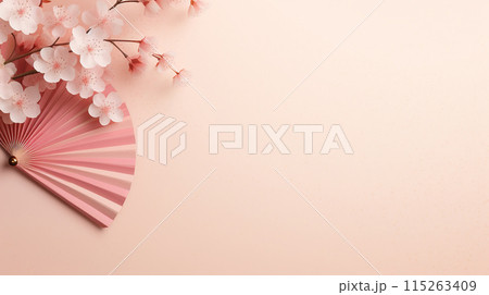 Traditional Japanese fan sensu in pink sakura blossom, spring vibes background 115263409
