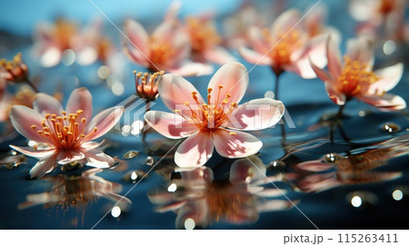 Blossoming water lilies flowers floating on water, natural floral background 115263411