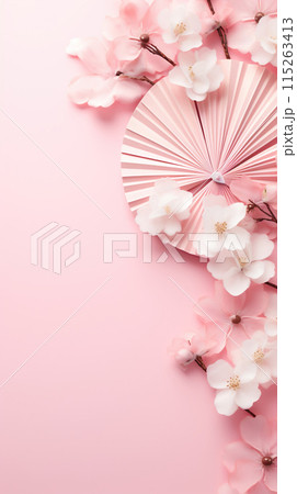 Traditional Japanese fan sensu, pink sakura blossom, spring vertical background 115263413
