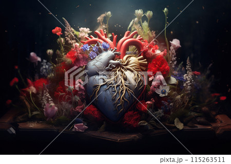 Surreal heart with blooms, Victorian Valentine's theme, book cover 115263511