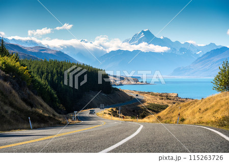 Scenic road trip of Mt Cook over winding road and Lake Pukaki on sunny day at New Zealand Scenic road trip of Mt Cook over winding road and Lake Pukaki on sunny day at New Zealand 115263726