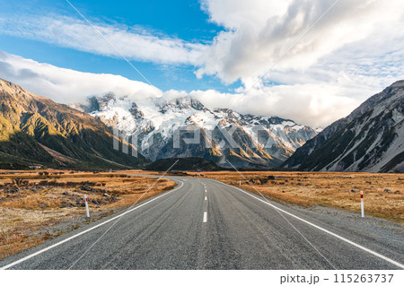 Road trip with asphalt road leading to Mt Cook with snow capped among grassland in national park at New Zealand Road trip with asphalt road leading to Mt Cook with snow capped among grassland in national park at New Zealand 115263737