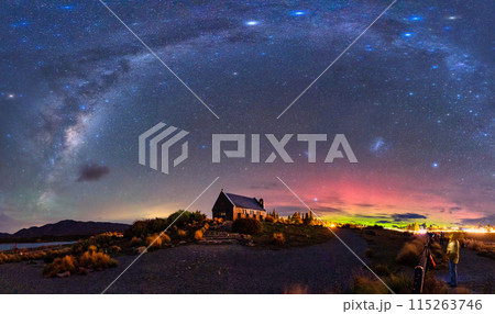 Milky Way, Nebula, Aurora Australis glowing over Church of the Good Shepherd at Lake Tekapo, New Zealand 115263746