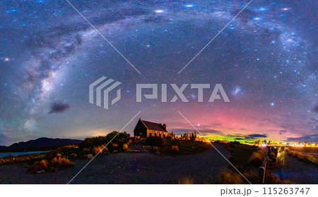 Milky Way, Nebula, Aurora Australis glowing over Church of the Good Shepherd at Lake Tekapo, New Zealand Milky Way, Nebula, Aurora Australis glowing over Church of the Good Shepherd at Lake Tekapo, New Zealand 115263747