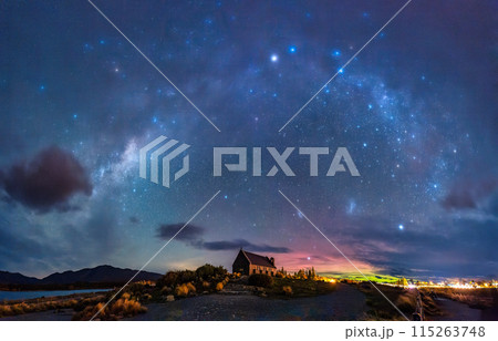 Milky Way, Nebula, Aurora Australis glowing over Church of the Good Shepherd at Lake Tekapo, New Zealand Milky Way, Nebula, Aurora Australis glowing over Church of the Good Shepherd at Lake Tekapo, New Zealand 115263748